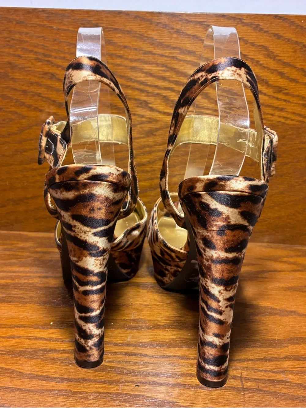 Nina Leopard Print Satin Ankle Strap Platform Open Toe Heels Tan Brown Size 9.5